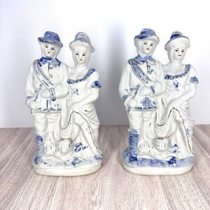 Vintage Blue White Porcelain Victorian Couple Figurine Pair Hand Painted Decor